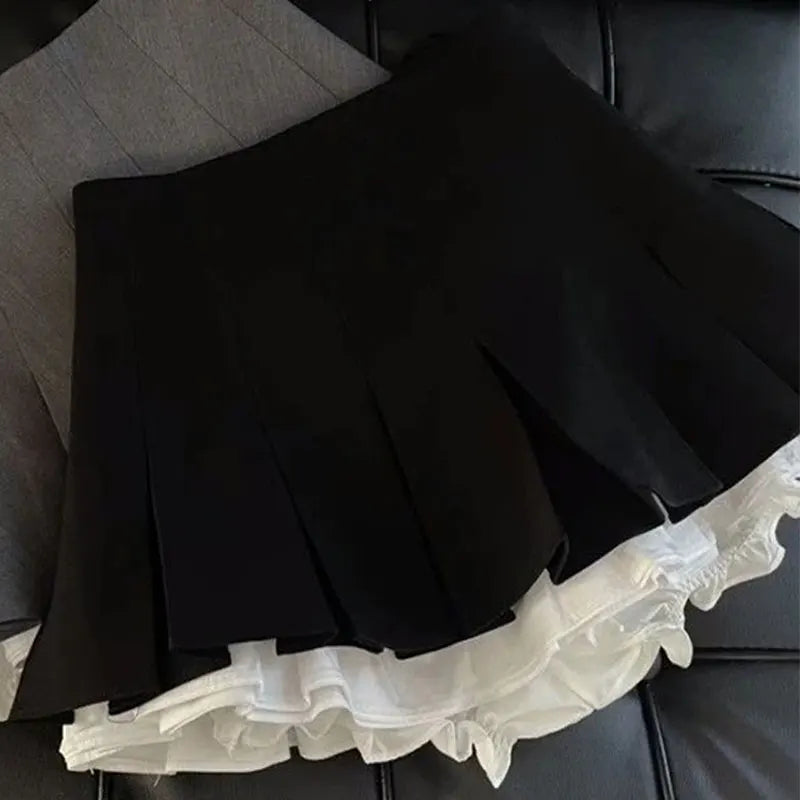 Mooyufon Ruffles Preto Mini Saia Mulheres Coreano Patchwork Plissado Saias Japonês Kawaii Cintura Alta Todos Combinam Uma Saia Linha Nova
