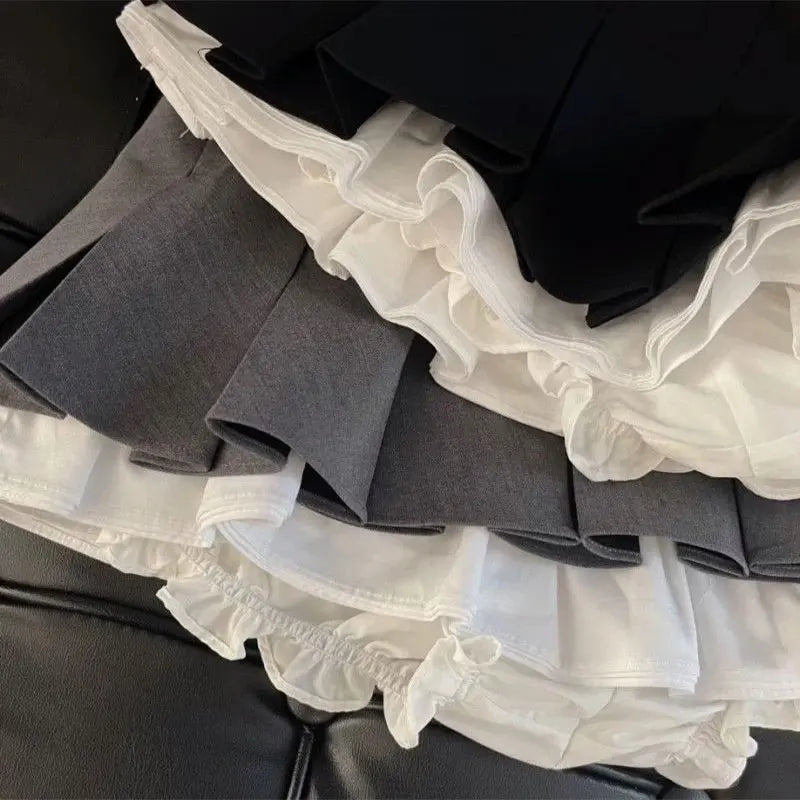 Mooyufon Ruffles Preto Mini Saia Mulheres Coreano Patchwork Plissado Saias Japonês Kawaii Cintura Alta Todos Combinam Uma Saia Linha Nova