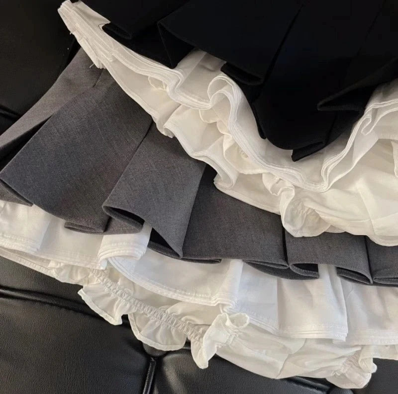 Mooyufon Ruffles Preto Mini Saia Mulheres Coreano Patchwork Plissado Saias Japonês Kawaii Cintura Alta Todos Combinam Uma Saia Linha Nova