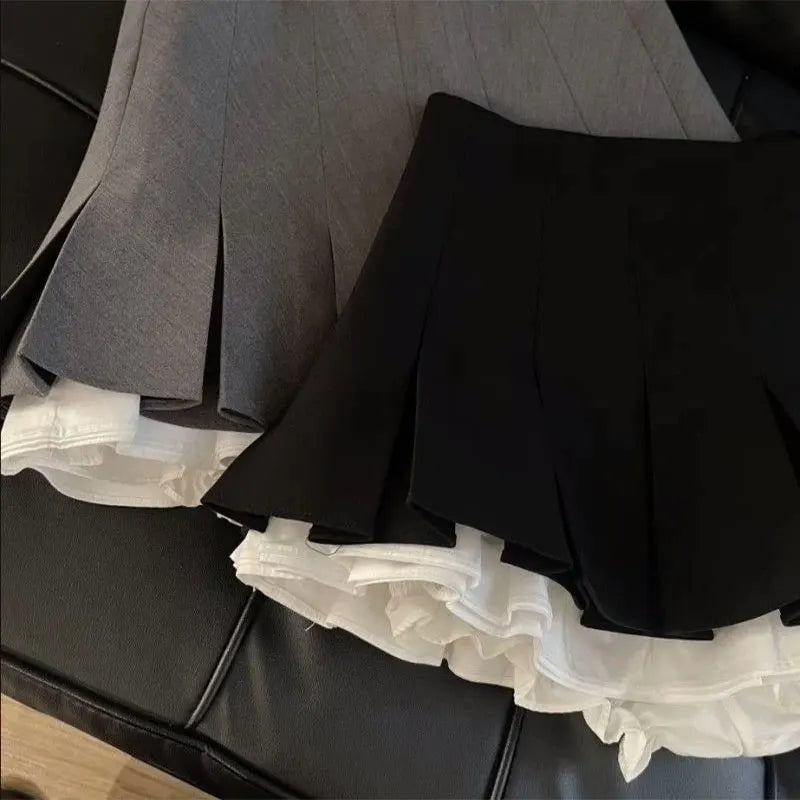 Mooyufon Ruffles Preto Mini Saia Mulheres Coreano Patchwork Plissado Saias Japonês Kawaii Cintura Alta Todos Combinam Uma Saia Linha Nova