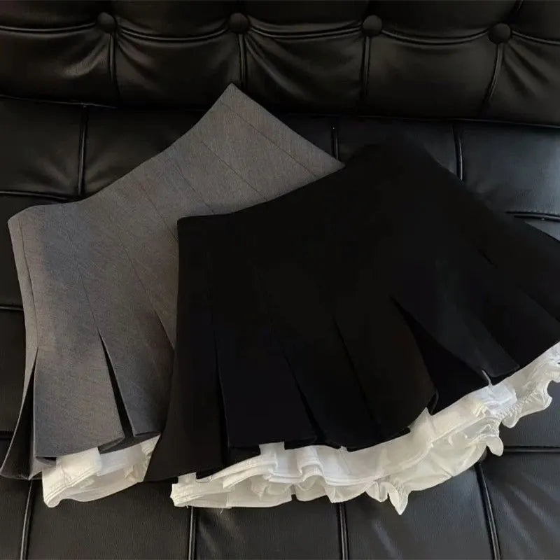 Mooyufon Ruffles Preto Mini Saia Mulheres Coreano Patchwork Plissado Saias Japonês Kawaii Cintura Alta Todos Combinam Uma Saia Linha Nova
